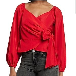 Express | Women's 1XL Red Balloon Sleeve Wrap V Neck Holiday Party